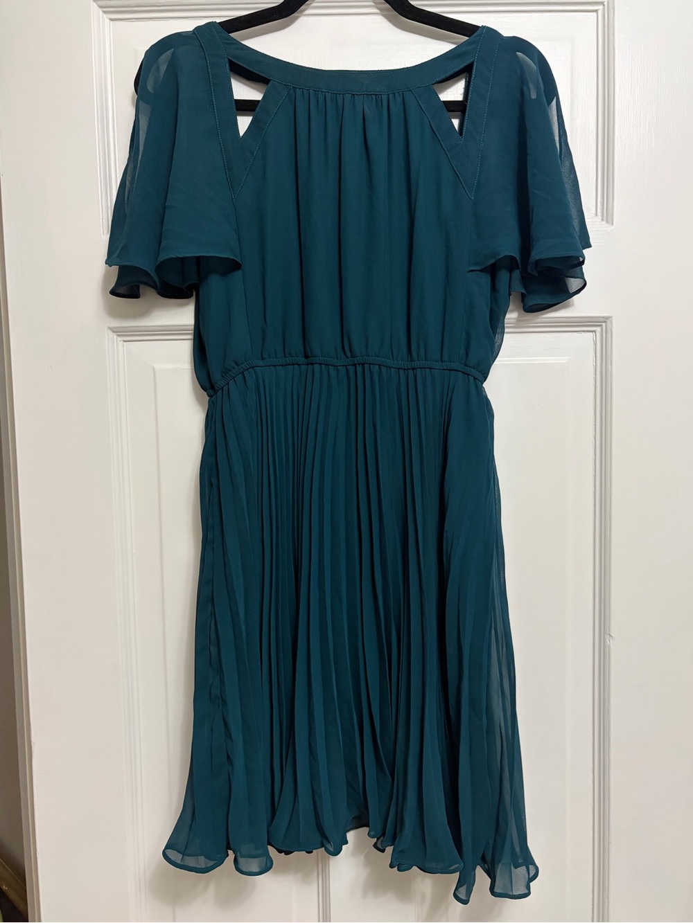 Women's Teal Pleated Cutout Shoulder Dress